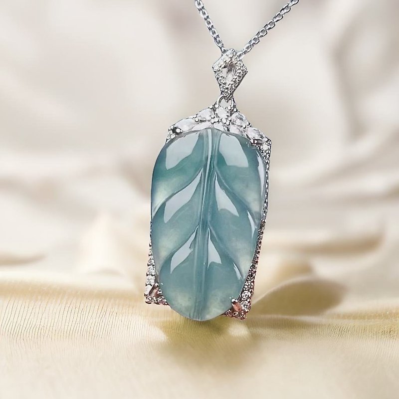Ice Blue Emerald Leaf Charm 925 Sterling Silver | Natural A Jadeite | - พวงกุญแจ - หยก สีน้ำเงิน