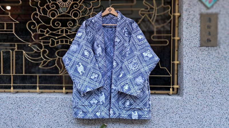 AMIN'S SHINY WORLD Snow Poker Game Full Version Jacquard KIMONO - เสื้อโค้ทผู้ชาย - ผ้าฝ้าย/ผ้าลินิน สีน้ำเงิน