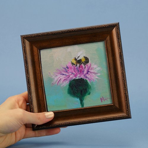Nataly Mak Honey Bee Oil Painting BumbleBee Original Wall Art Small Flower Artwork 4x4'' by