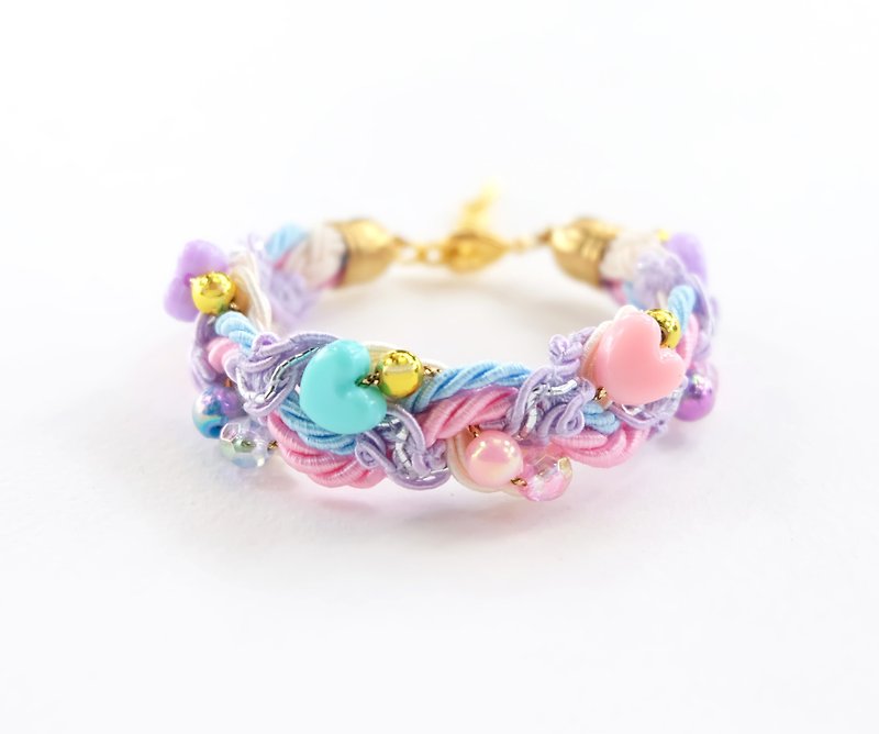 Pink / Blue / Purple heart bead braided bracelet - สร้อยข้อมือ - เส้นใยสังเคราะห์ หลากหลายสี