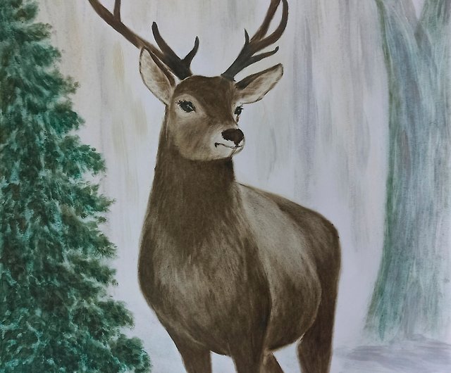 森の芸術で鹿を描くオリジナルの鹿 鹿愛好家のための動物の肖像画 
