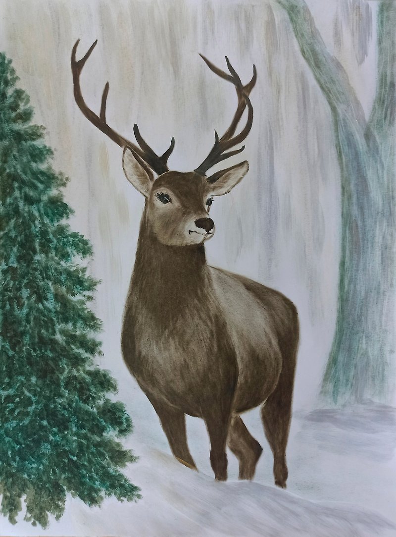 Original Deer drawing Deer in forest art Animal portrait for deer lovers - 海報/掛畫/掛布 - 紙 橘色