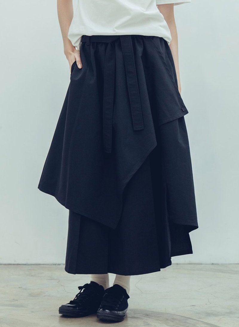 Waltz wide pleated strap skirt (black) Organic Cotton & Recycle - กระโปรง - ผ้าฝ้าย/ผ้าลินิน สีดำ