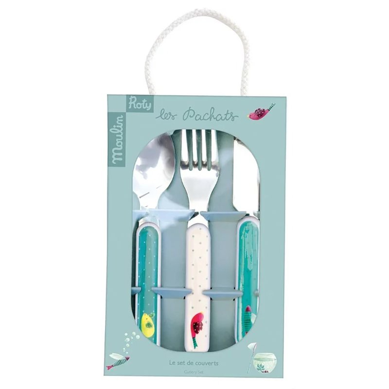 French Moulin Roty Pachi safe and happy tableware gift set (three-piece knife, fork and spoon) - Children's Tablewear - Plastic Green
