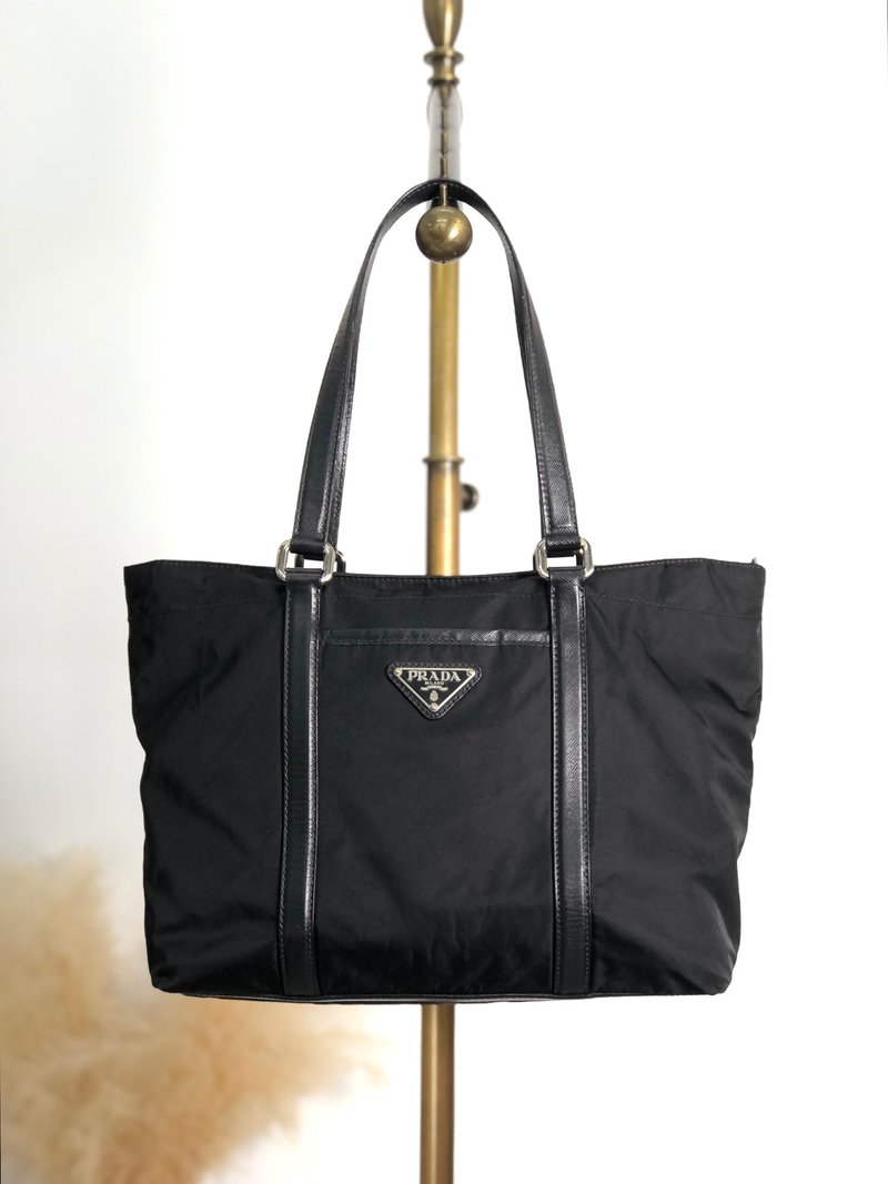 【 日本直送　名牌中古包 】PRADA プラダ トートバッグ ブラック トライアングルロゴ ナイロン レザー フロントポケット vintage  f42pyf - 手提包/手提袋 - 尼龍 黑色