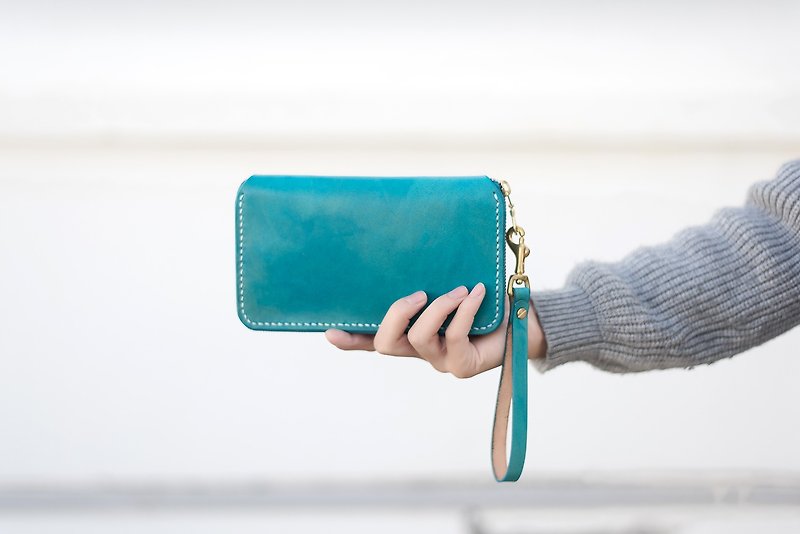 [Cutting line] large-capacity leather handmade retro zipper wallet lady long clip clutch - Clutch Bags - Genuine Leather Green