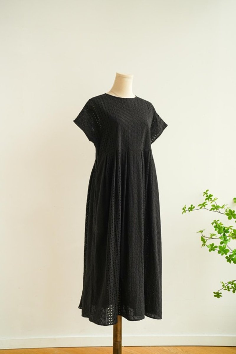 An elegant and stylish all-lace dress with a vetticoat, in cotton and black, 240627-2 - One Piece Dresses - Cotton & Hemp Black