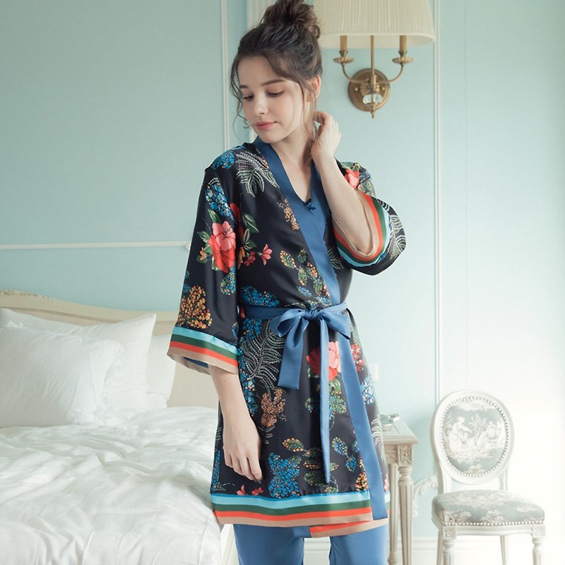 Home Wear Palace Garden Print Soft Skin Soft Satin Lace Outer Cover - Black - Overalls & Jumpsuits - Polyester Blue