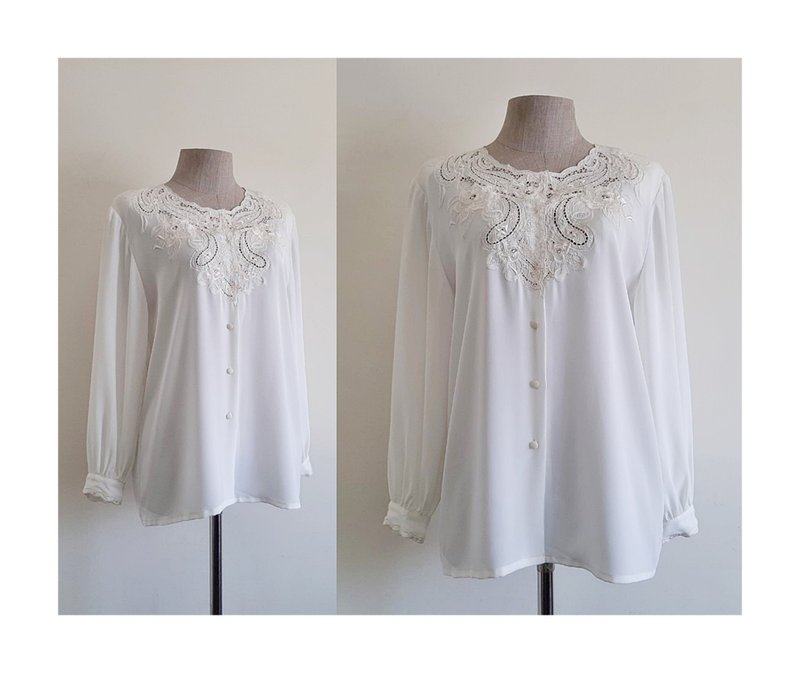 Vintage White Embroidered Blouse Womens Eyelet Top Lace Blouse Medium - Women's Tops - Polyester White