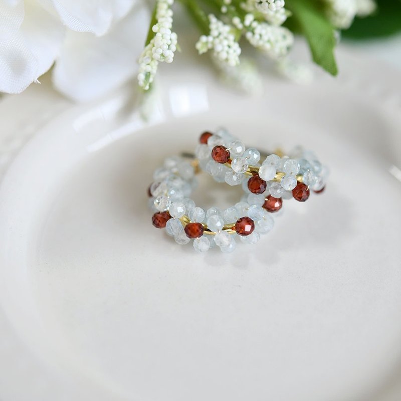 Original March birthstone Clip-On with angel Stone aquamarine and garnet hoop earrings that lead to happiness - Earrings & Clip-ons - Gemstone Blue