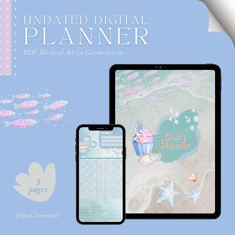 Undated Digital Sea Life Theme Planner for GoodNotes & Notability Apps, Size A4 - 筆記簿/手帳 - 其他材質 