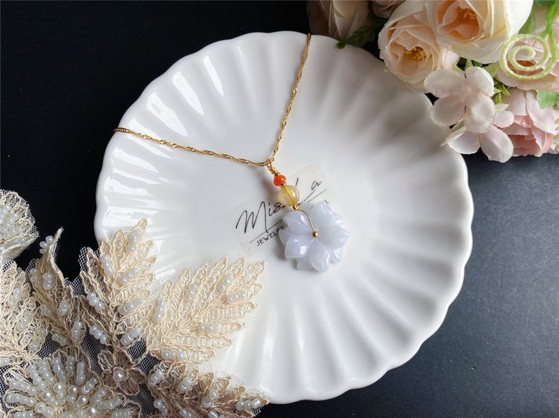 [Sold] Burmese natural jade lavender money flower design necklace gift natural stone - Necklaces - Jade Purple