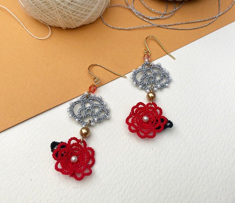 Tatted flower earrings / gift / Swarovski crystal pearl/ customize/ clip-on - Earrings & Clip-ons - Cotton & Hemp Red