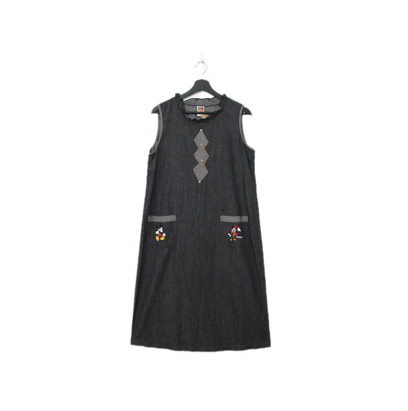 Back to Green-復古長洋裝 米奇刺繡 拼接 Ls-02//vintage dress - 洋裝/連身裙 - 棉．麻 