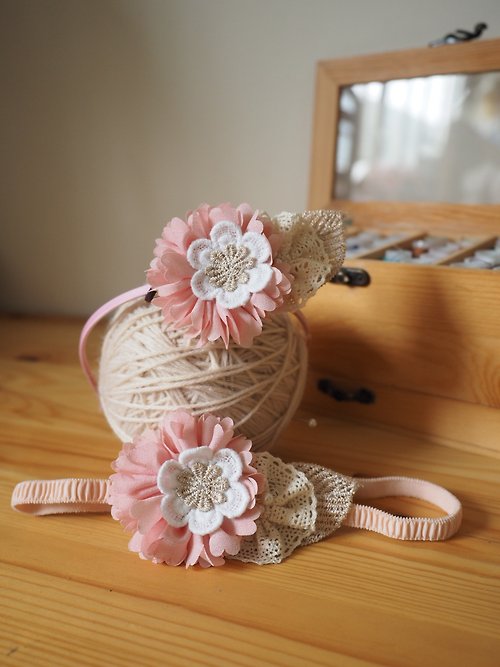 sunflowercorsage 粉紅雪紡花嬰兒/小童彈性髮帶及頭箍套裝 適合百日宴彌月拍攝