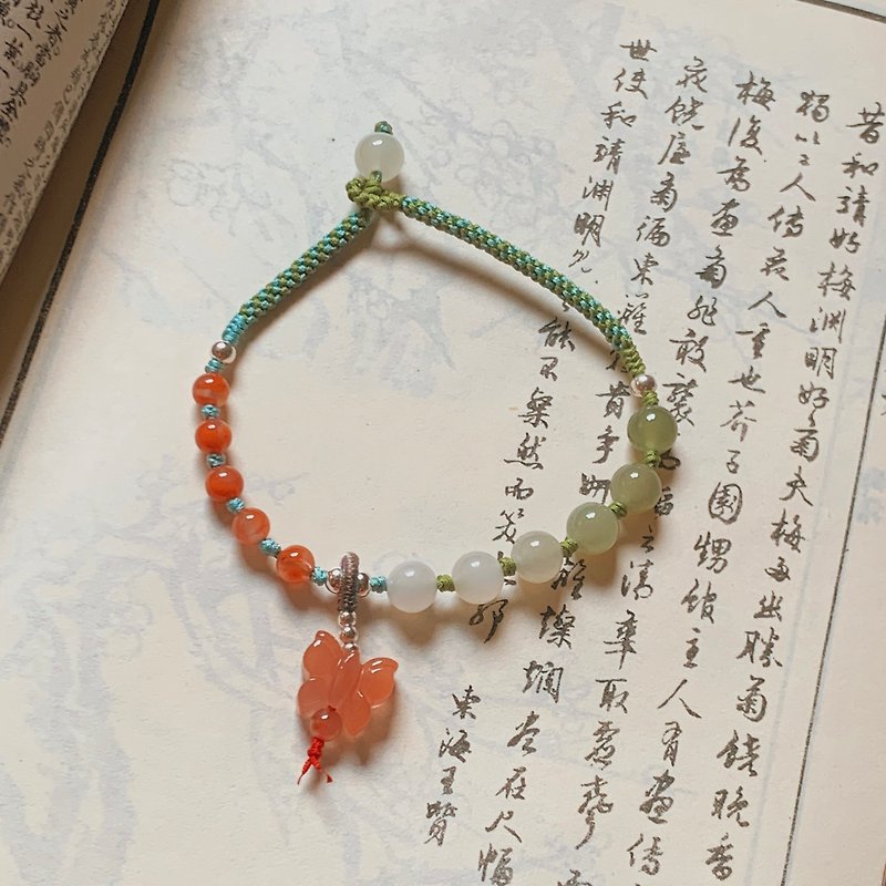 Handmade Spring and Willow. Natural Hetian Jade Vintage Braided Bracelet South Red Agate Butterfly Ancient Chinese Silver - สร้อยข้อมือ - หยก สีเขียว