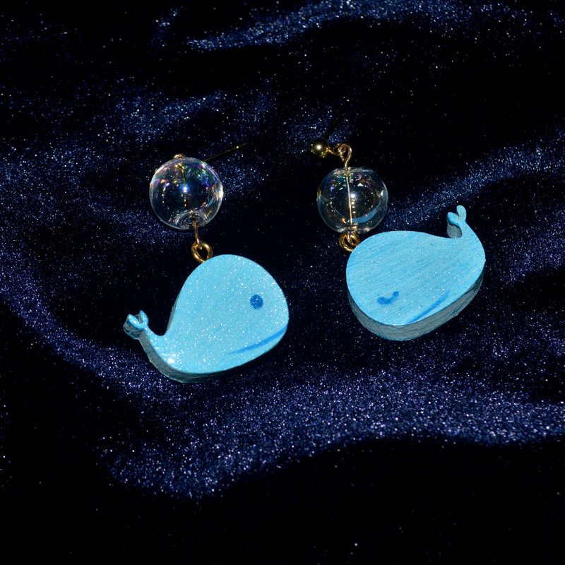 I am a fish short blue pearlescent little whale magic glass ball earrings ear clips hand-painted wooden - Earrings & Clip-ons - Wood Blue