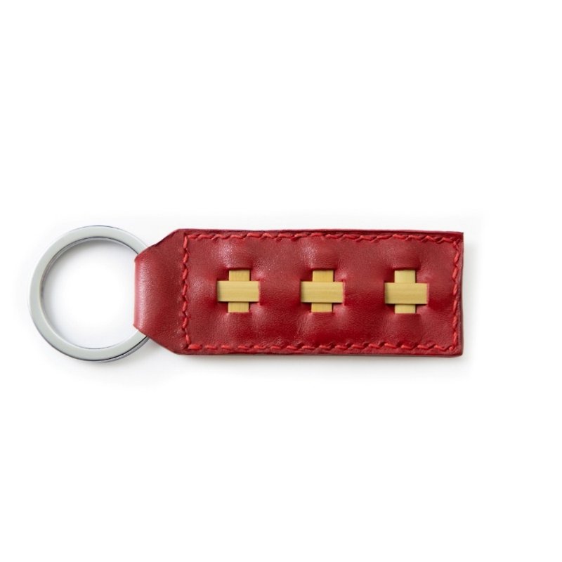 Leather Bamboo Woven Keychains Ruby Red - ที่ห้อยกุญแจ - หนังแท้ สีแดง
