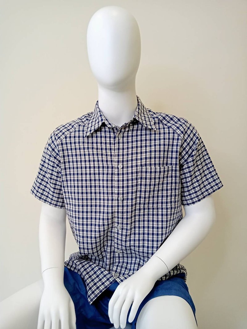 棉．麻 男襯衫/休閒襯衫 - (現貨)男復古藍格紋短袖襯衫