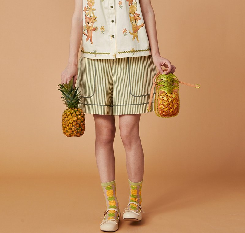 【夏日寬松】 歐式復古/條紋松緊腰短褲 - 女短褲/五分褲 - 其他材質 綠色