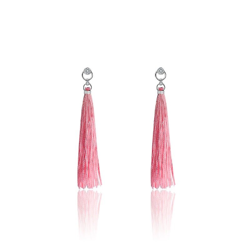 Round Shape Diamond Earring with Pink Tassel - ต่างหู - เส้นใยสังเคราะห์ สึชมพู