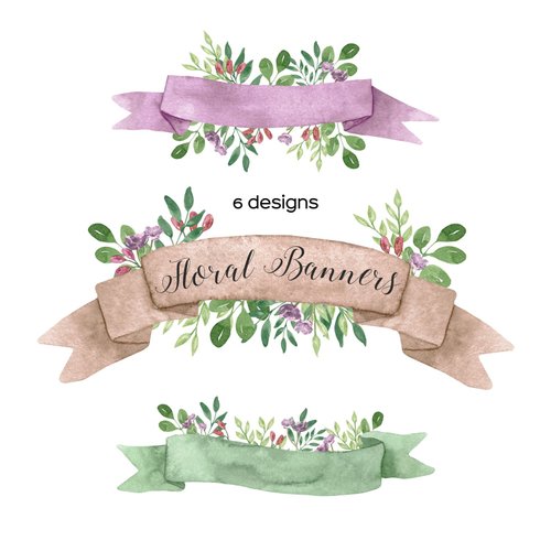 Art and Funny Watercolor Ribbons With Flowers, Floral Banner Clipart