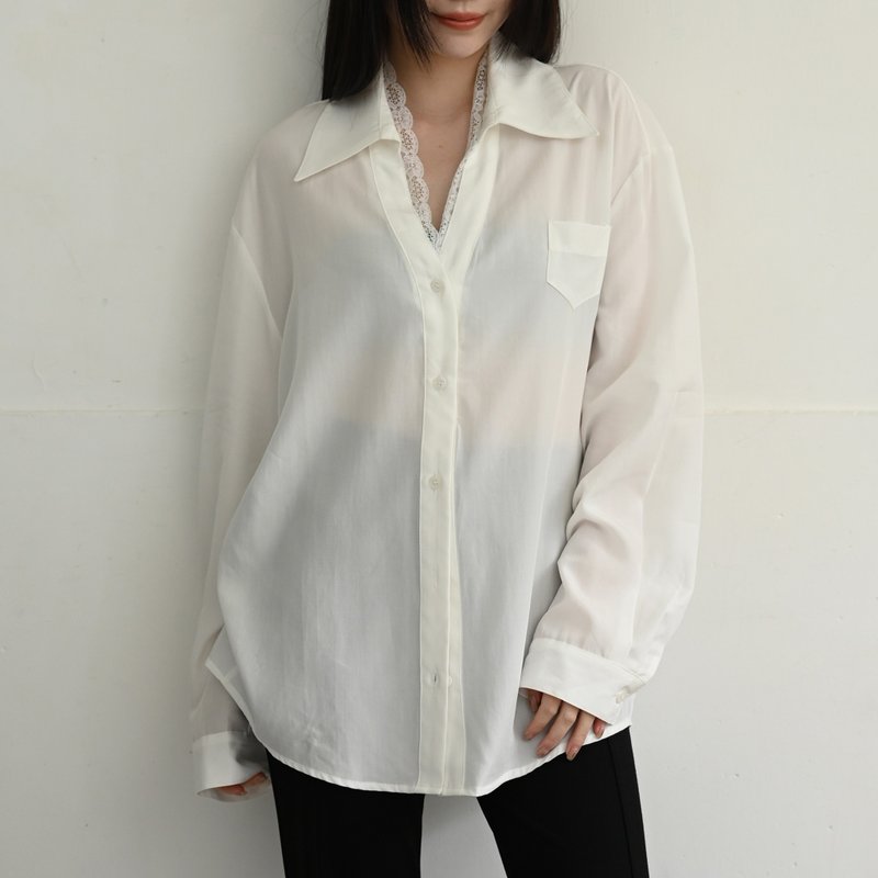 蕾絲拼接-高級感長袖天絲襯衫-白色 - 女襯衫 - 絲．絹 白色