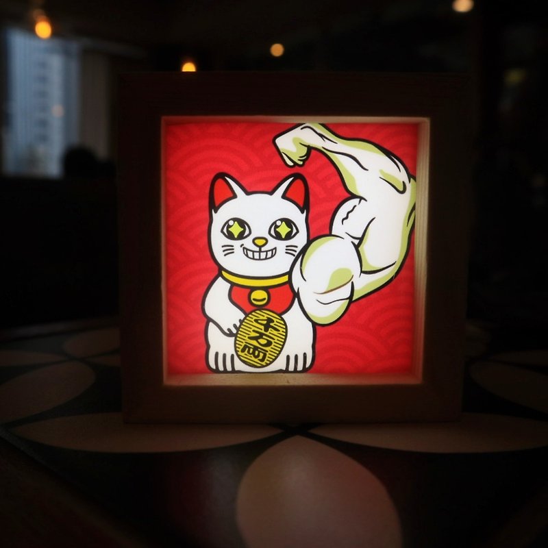 Powerful lucky cat (red) / Japanese style / wooden handmade light box - โคมไฟ - ไม้ ขาว