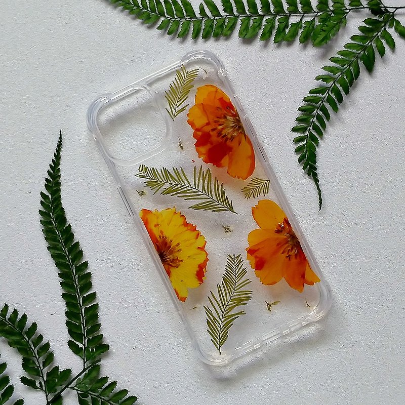 【f.phone】Embossed mobile phone case│Preserved flowers (unfading flowers)│Dried flowers - Phone Cases - Other Materials Orange