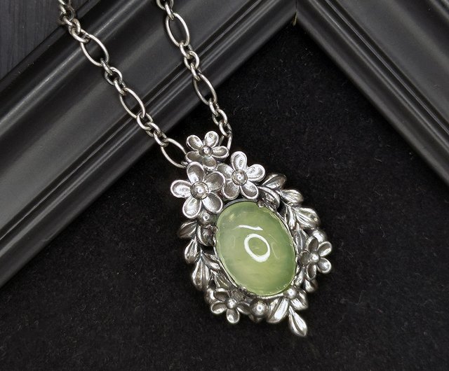 Good Prehnite Gemstone 925 silver vintage heart long pendant necklace