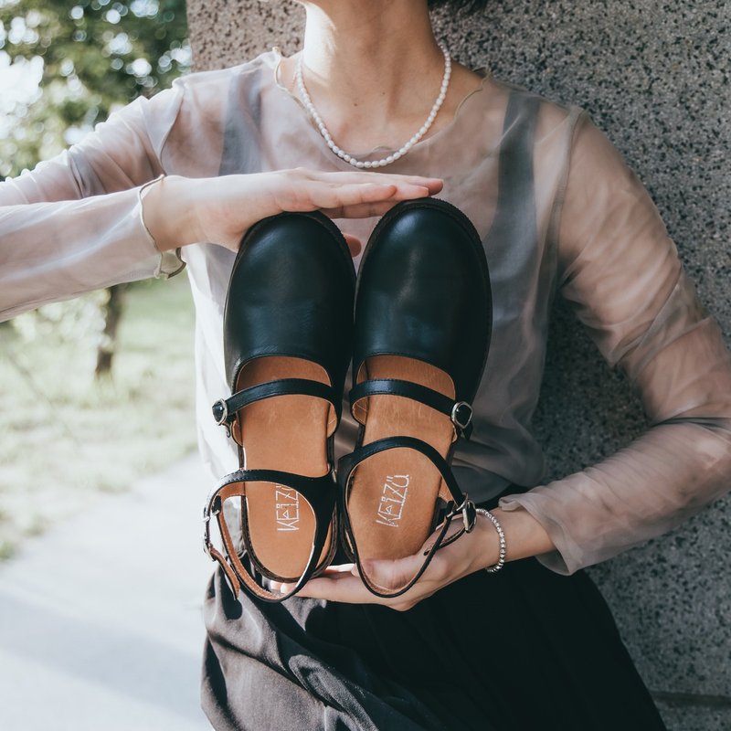 Warm forest wide last lace-up sandals | black | Taiwan genuine leather handmade shoes MIT - Sandals - Genuine Leather Black