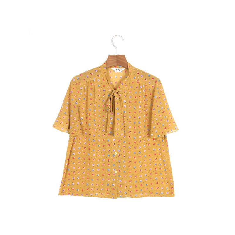 【蛋植物古着】夏色花蕊印花短袖古著襯衫 - 女襯衫 - 聚酯纖維 黃色