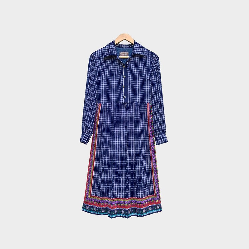 Ancient dark blue grid pleated dress 06 - One Piece Dresses - Polyester Blue