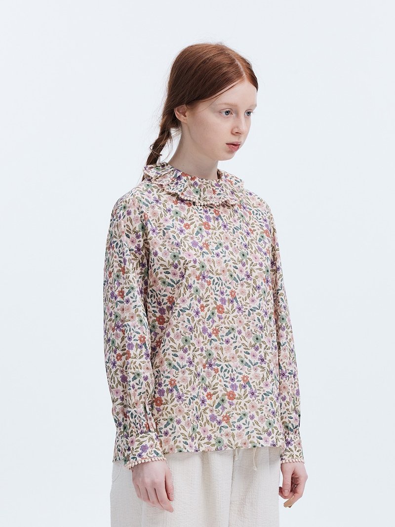 Cotton floral lace collar flower print spring and summer reverse wear long sleeve shirt - Women's Tops - Cotton & Hemp Multicolor