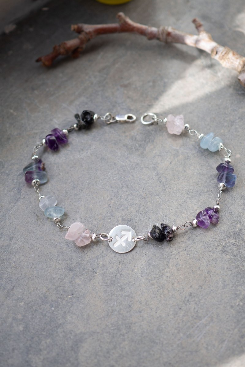 Sagittarius gem bracelet: silver 925, tourmaline, amethyst, aquamarine, quartz - 手鍊/手環 - 半寶石 多色