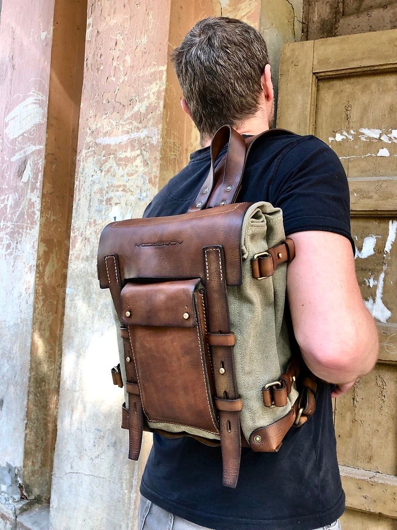 Leather Canvas Backpack Sling Backpack Messenger Bag Satchel Vintage Leather Bag - Messenger Bags & Sling Bags - Genuine Leather Brown