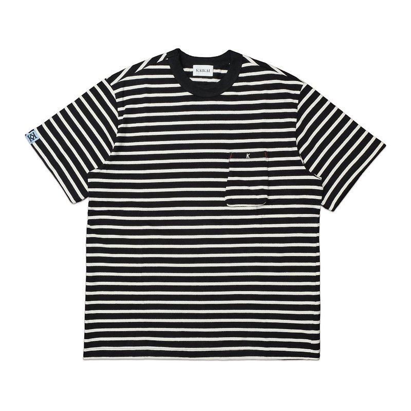 棉．麻 男 T 恤 黑色 - KAIKAI - Fearless - 重磅條紋針織短袖Tee - 黑色