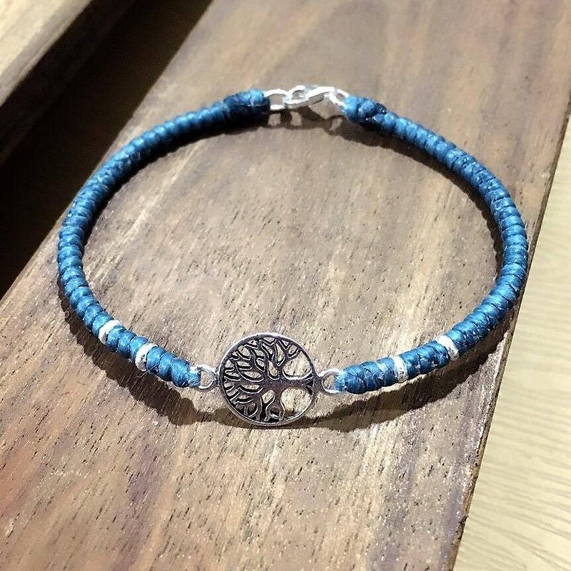 S&A tree of life lucky bracelet bracelet silk Wax thread sterling silver customized - สร้อยข้อมือ - ขี้ผึ้ง สีน้ำเงิน