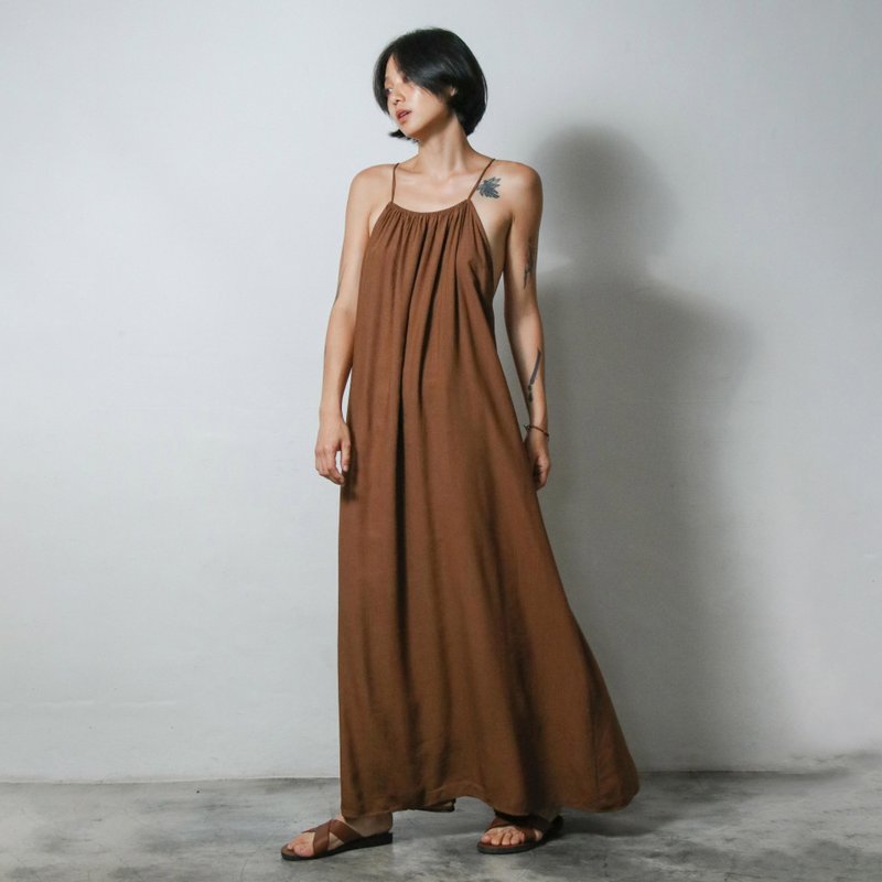 SIXTH SENSE Tethered Backless Mocha Dress - One Piece Dresses - Cotton & Hemp Brown