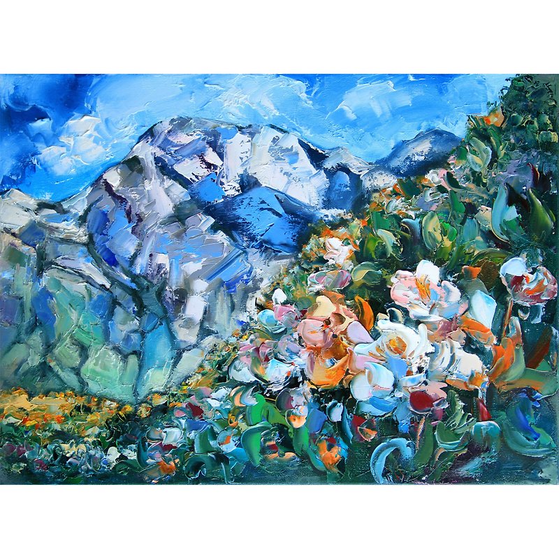 Painting landscape snowy mountains and flowering meadows. - Posters - Other Materials Multicolor