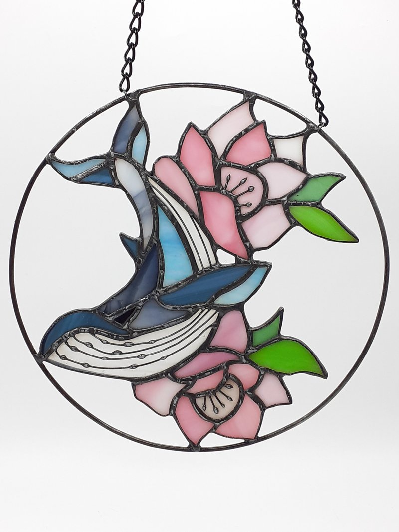 Stained Glass Whale Dreamcatcher, Stained Glass Ocean Wave Flower Suncatcher - Wall Décor - Glass Multicolor