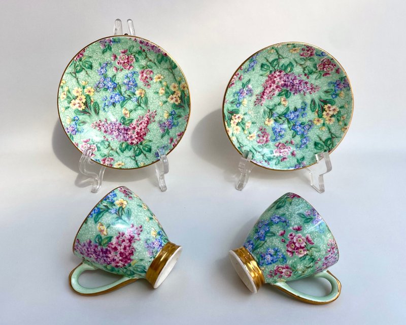 Antique Porcelain Floral Pair Of Coffee Cups And Saucers, Empire England - Cups - Porcelain Multicolor
