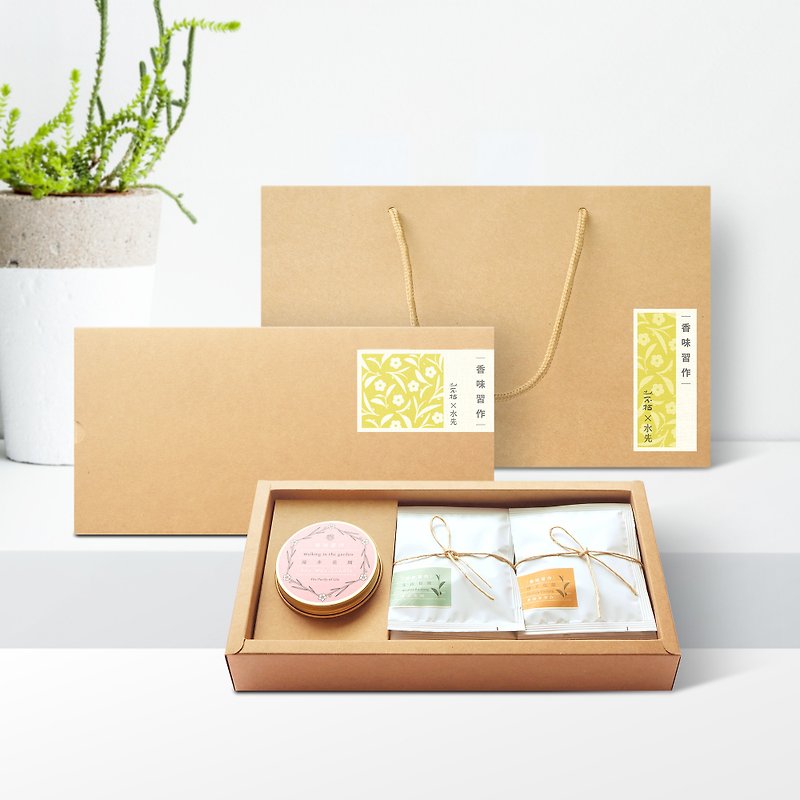 [Scented work] Water first X Mountain is not dry ‧ Candle + tea bag gift box - Tea - Paper Khaki