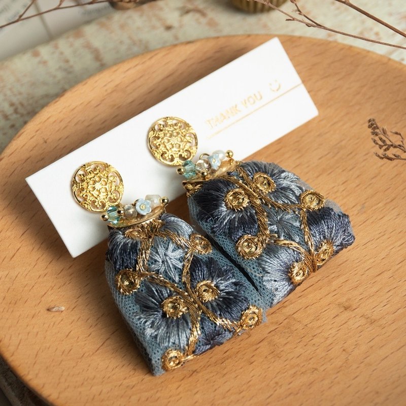 Embroidered Ribbon Earrings Blue Pink French Elegant Texture Real Gold Plated Clip-On 925 Silver Ear Needle - Earrings & Clip-ons - Other Metals Blue