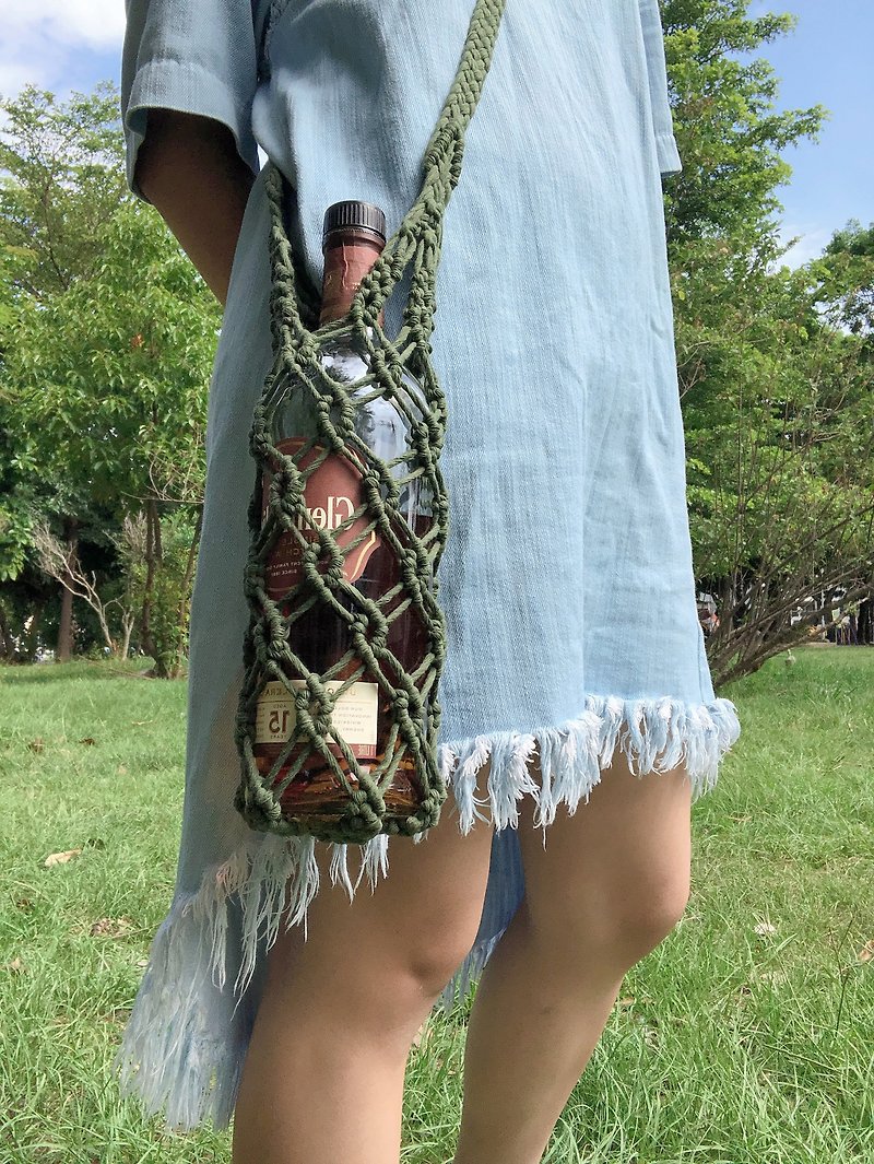 Macrame Woven Lace Knot Kettle Thermos Bottle Carry-on Eco-Friendly Crossbody Bag Wine Bottle Carrying Bag - Beverage Holders & Bags - Cotton & Hemp 