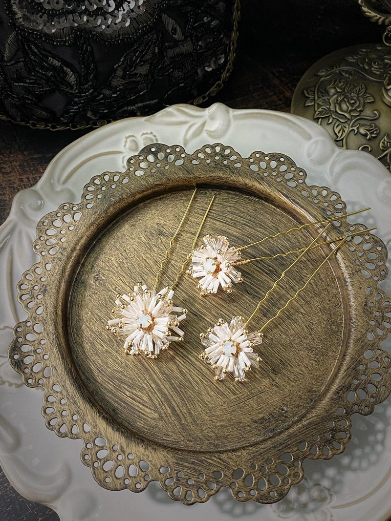 美麗佳人 花嫁髮叉3件組 - 髮夾/髮圈 - 玻璃 白色
