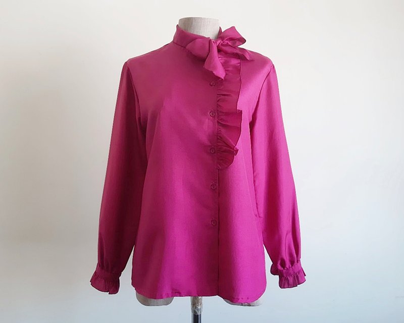 XS Vintage Pink Bow Tie Ruffle Blouse Womens Long Sleeve Top - 女上衣/長袖上衣 - 聚酯纖維 粉紅色