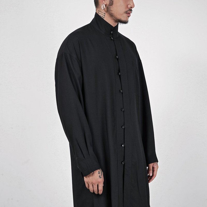 Japanese dark loose retro Chinese Ming system stand-up collar long casual neutral long-sleeved shirt - Men's Shirts - Other Man-Made Fibers Black