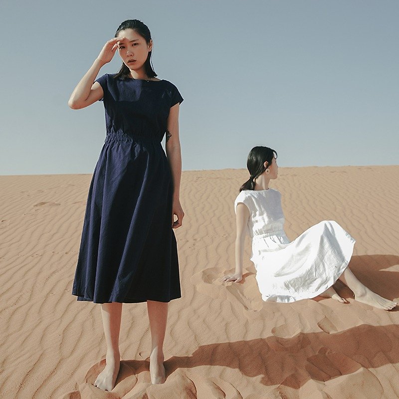 White Arizona Dream French Vintage 100% Full Linen Dress Drawstring Adjustable Dress - ชุดเดรส - ผ้าฝ้าย/ผ้าลินิน ขาว
