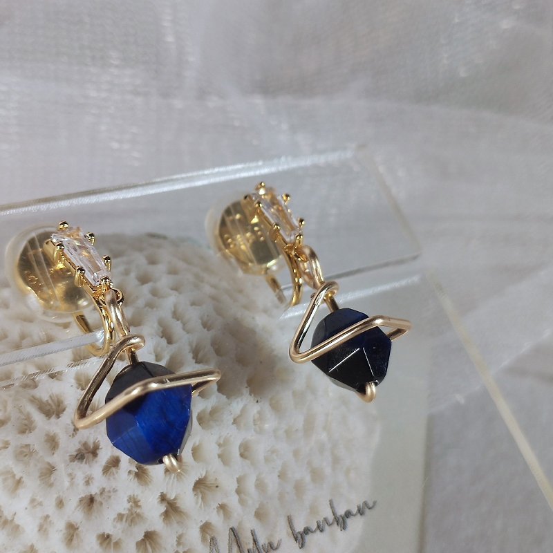 夾式耳環 | 邃藍 | 虎眼石 - 耳環/耳夾 - 其他材質 金色